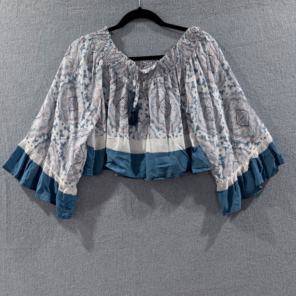 Surf Gypsy Womens Paisley Boho Off The Shoulder Bell Sleeve Crop Top Peasant